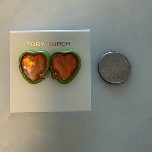 Tory Burch Vibrant Green and Orange Heart Earrings